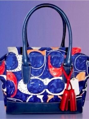 Coach Multicolor Graphic Tote with Red Tassel Accents